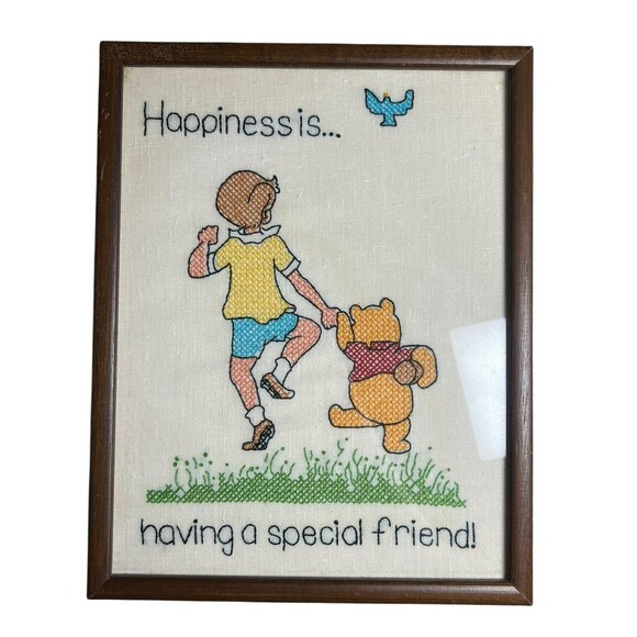 Vintage Retro 80's Needlepoint Cross Stitch Framed Art ~ Nursery~Winnie The Pooh - Picture 1 of 6